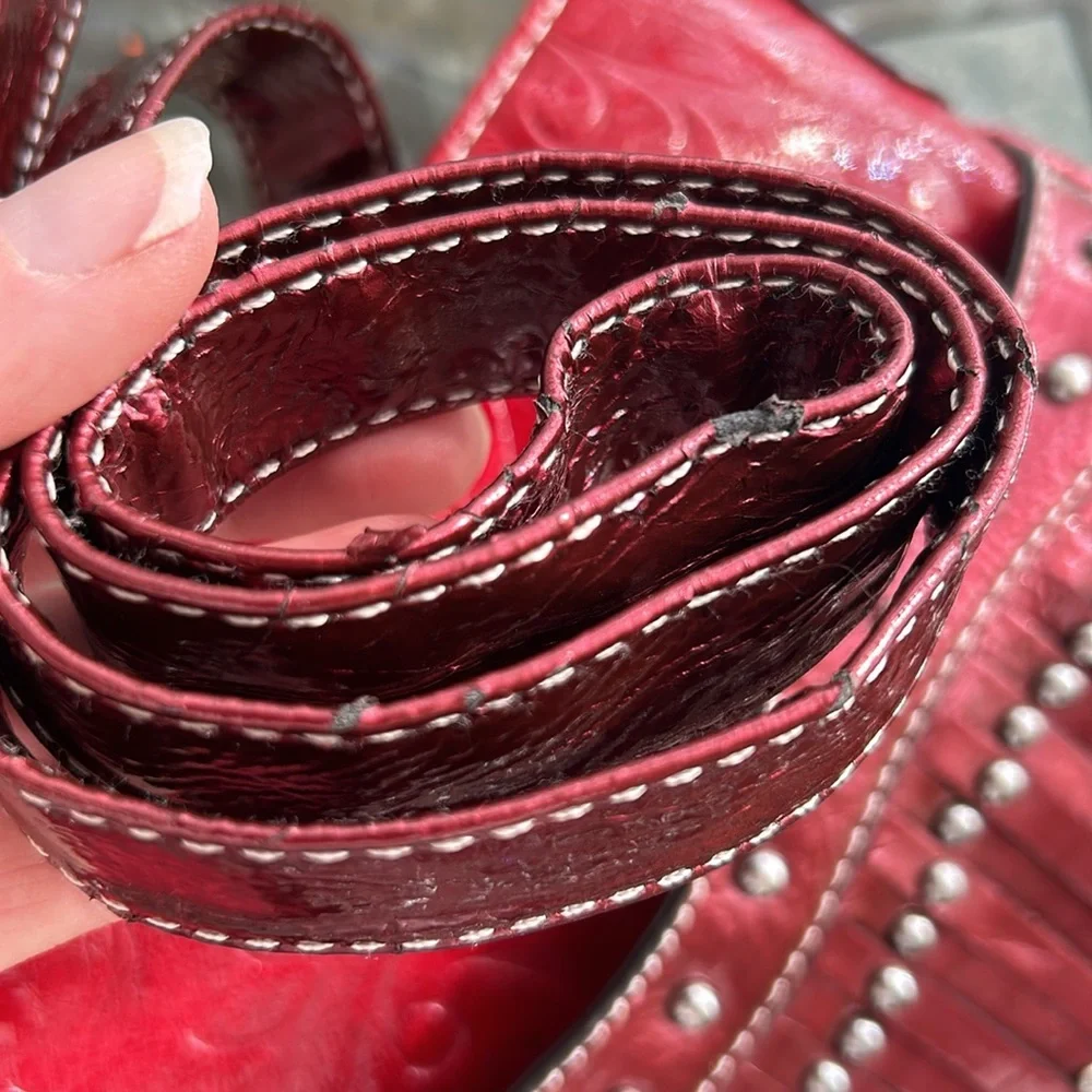 Western Faux Leather Fringe Purse‎ Rhinestones Studded Embossed Cowgirl Red